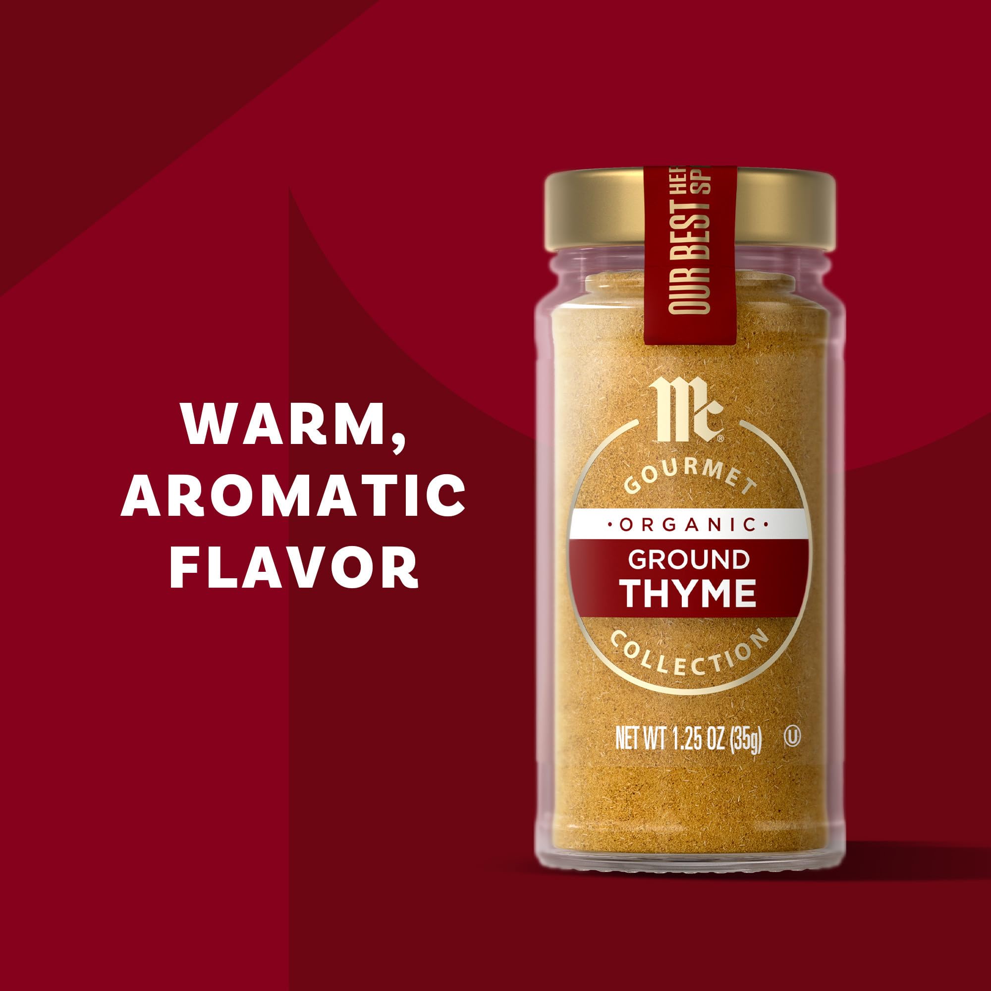 McCormick Gourmet Organic Ground Thyme stores neatly in pantry for everyday use.