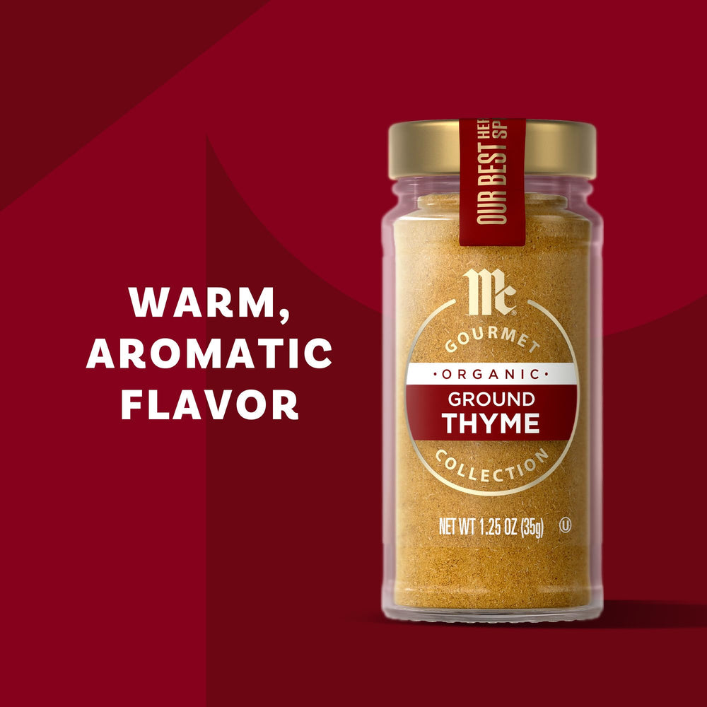 McCormick Gourmet Organic Ground Thyme stores neatly in pantry for everyday use.