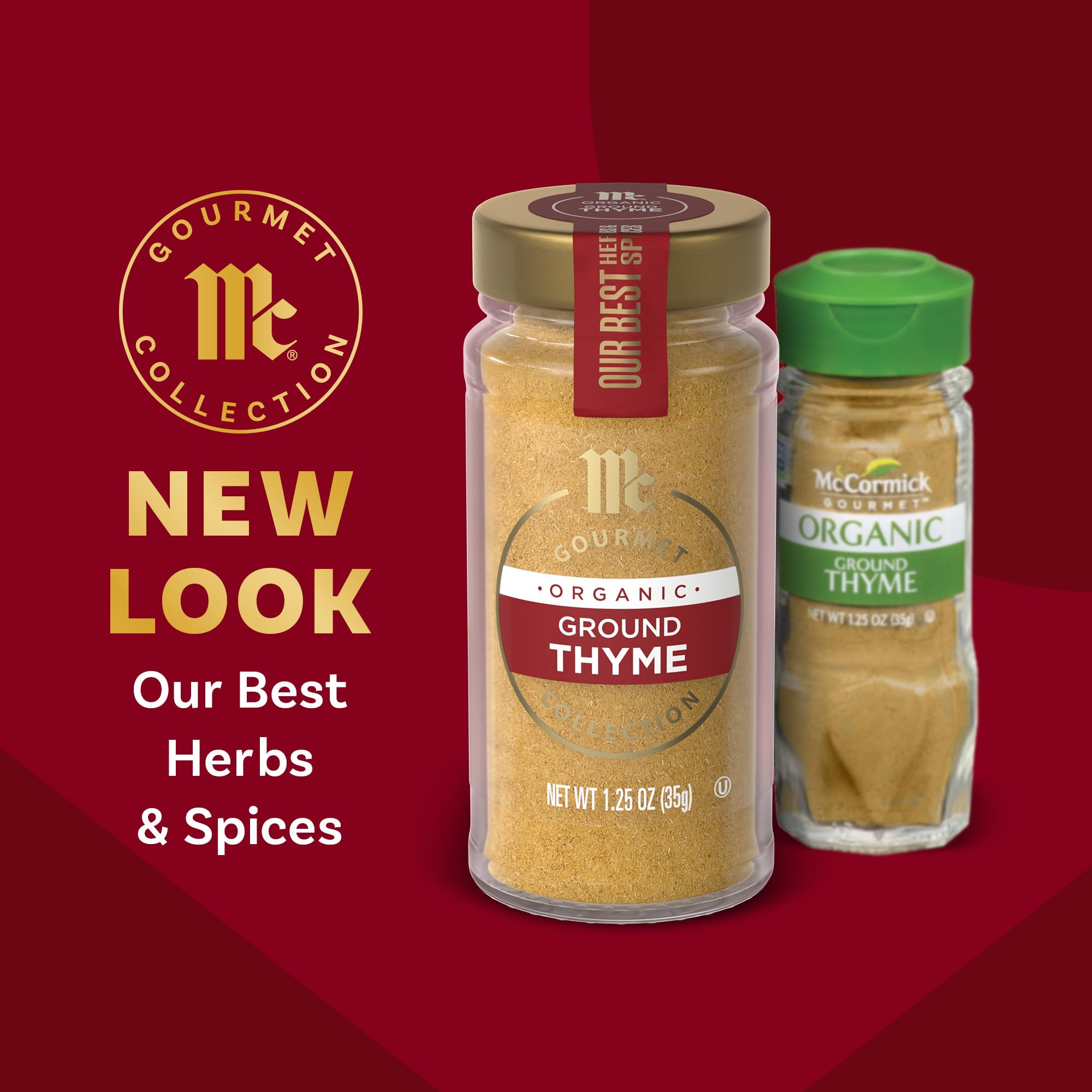 McCormick Gourmet Organic Ground Thyme powder-dispense illustrates easy-to-use ground form for even flavor.