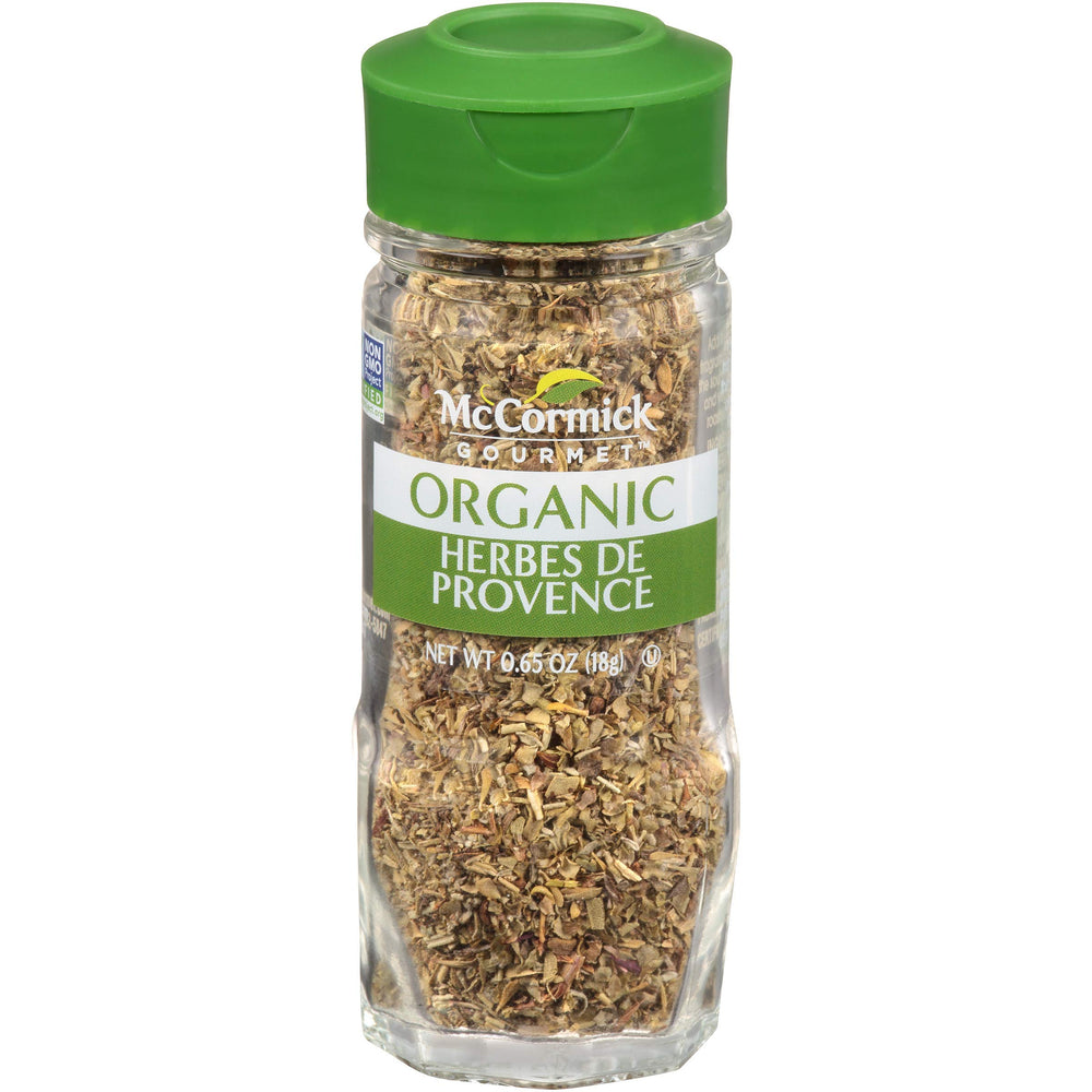 McCormick Gourmet Organic Herbes de Provence bottle adds Provencal aroma to roasted meats.