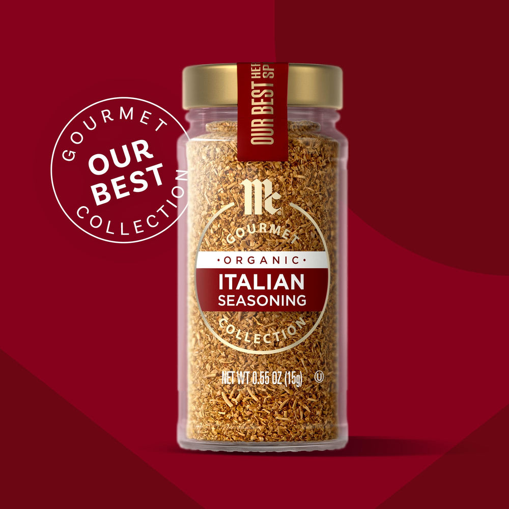 McCormick Gourmet Organic Italian Seasoning being poured over pasta sauce