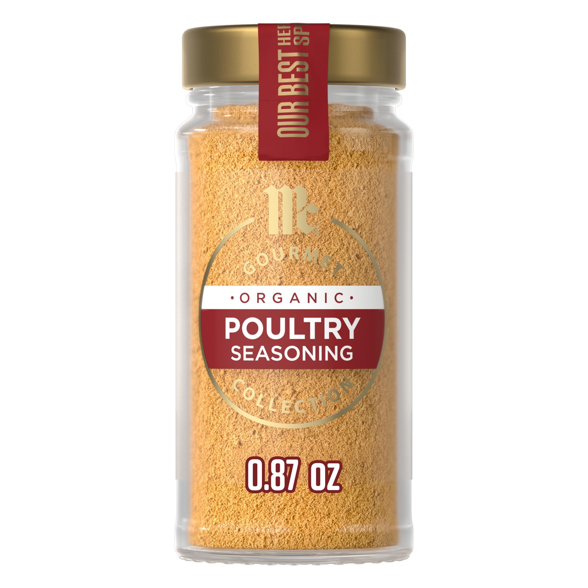 McCormick Gourmet Organic Poultry Seasoning bottle on kitchen shelf enhances roast chicken.