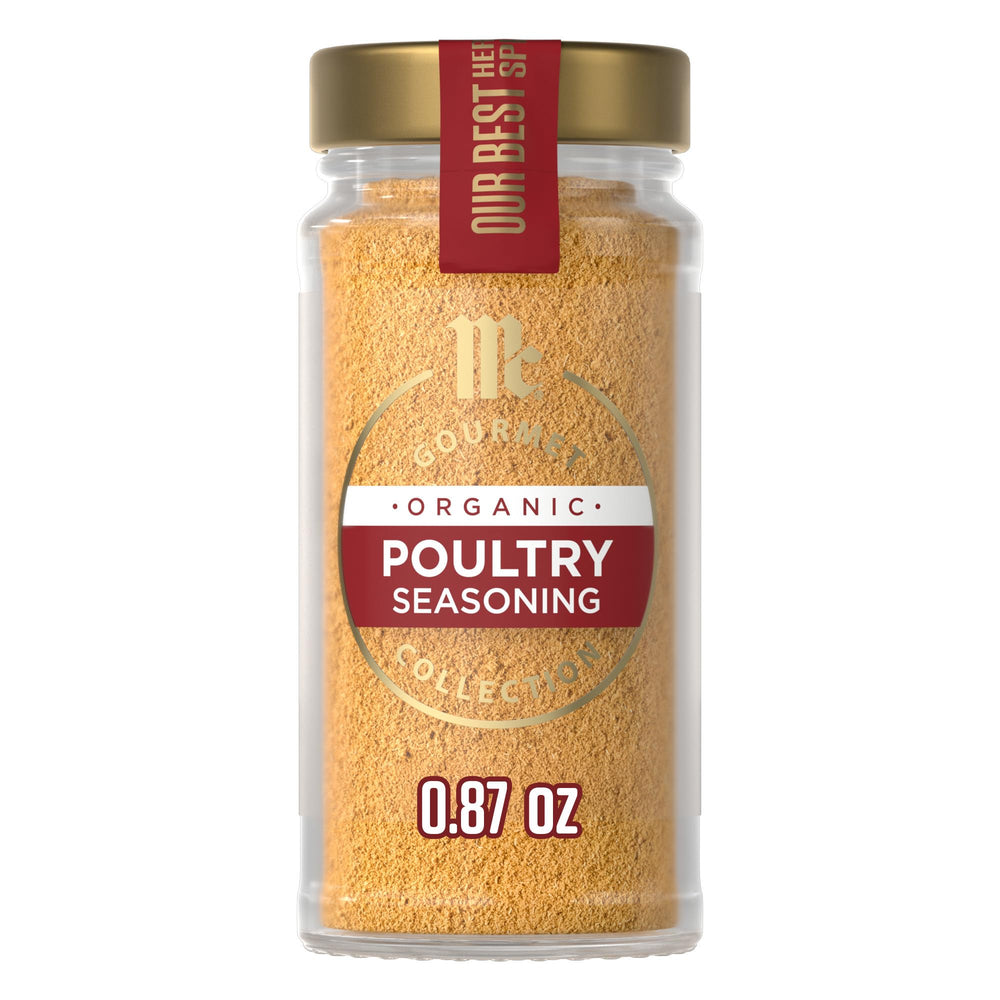 McCormick Gourmet Organic Poultry Seasoning bottle on kitchen shelf enhances roast chicken.