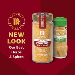 McCormick Gourmet Organic Poultry Seasoning ground spice emphasizes premium organic quality.