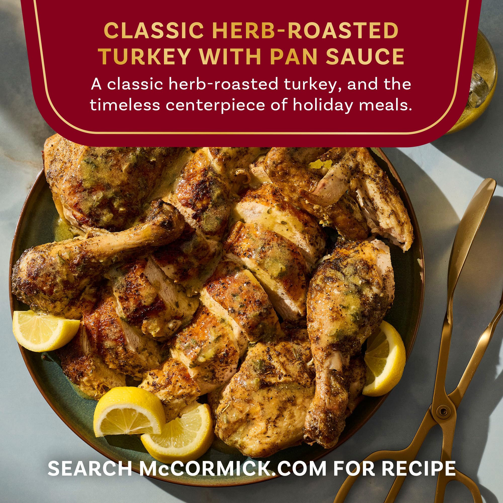 Roast turkey scene flavored by McCormick Gourmet Organic Poultry Seasoning.