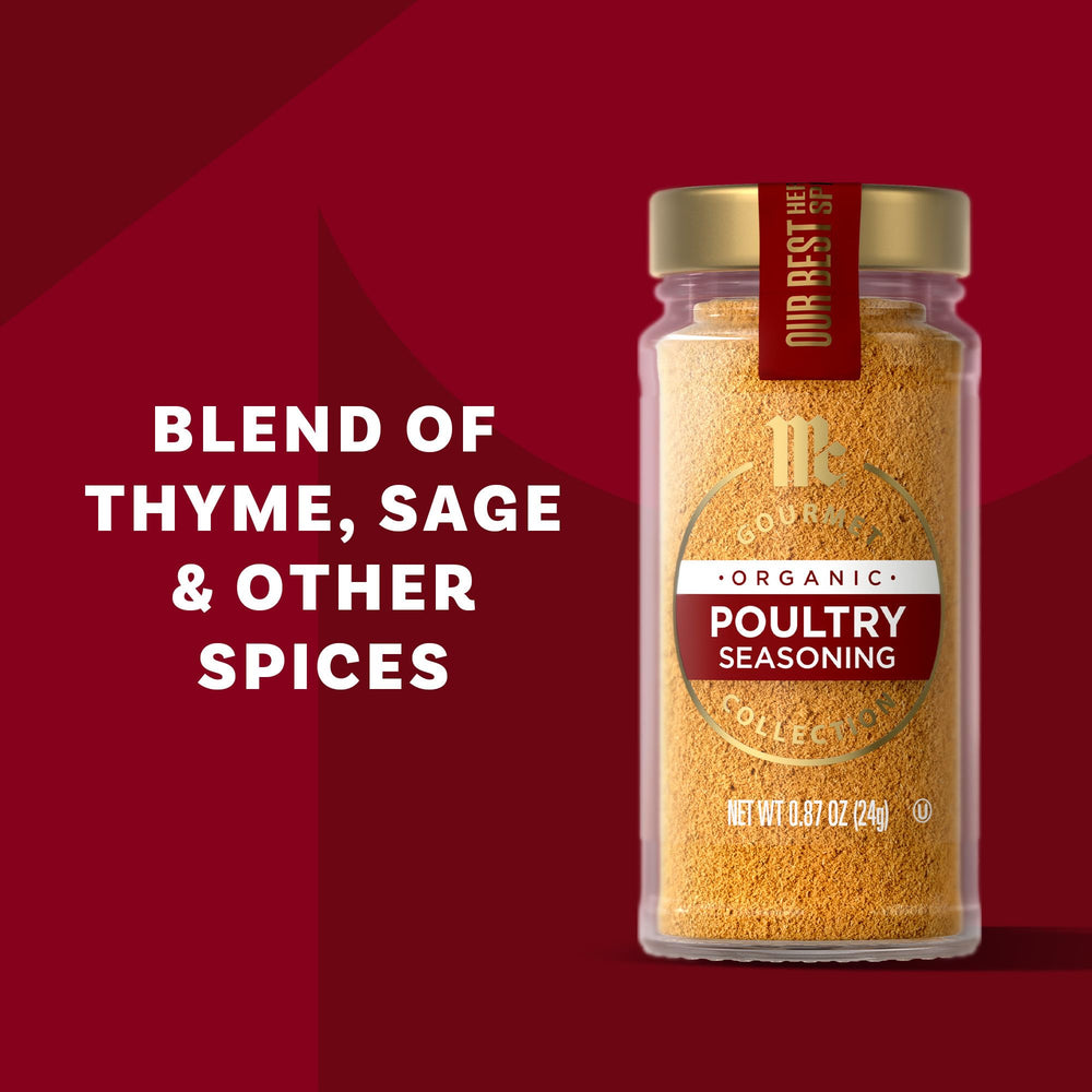 McCormick Gourmet Organic Poultry Seasoning rub on roasted meat shows versatility.