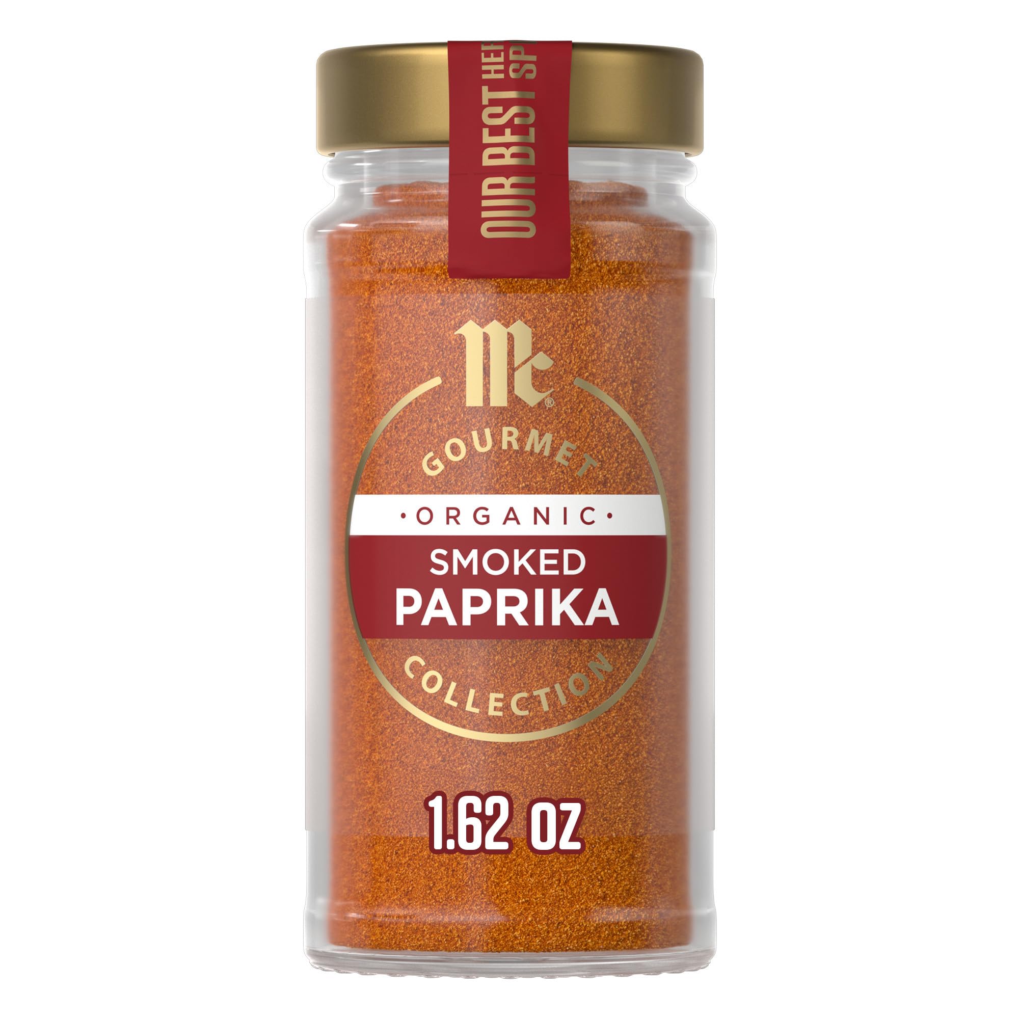 McCormick Gourmet Organic Smoked Paprika bottle emphasizing rich aroma for paella