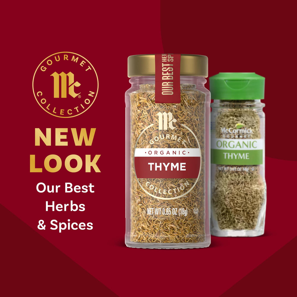 McCormick Gourmet Organic Thyme jar label highlighting organic sourcing