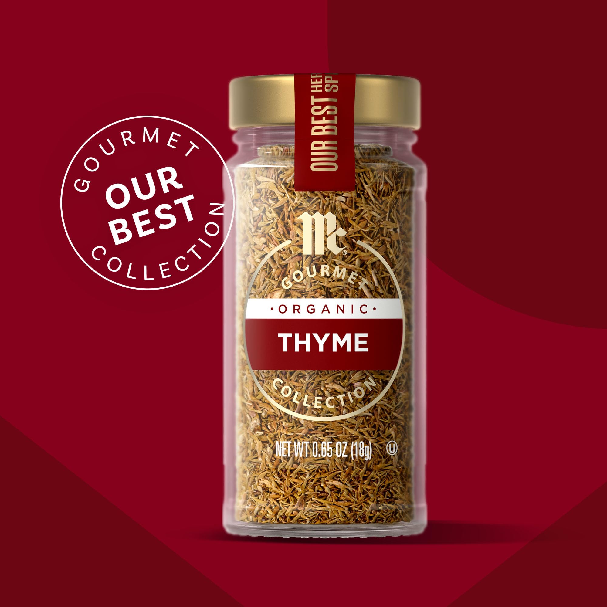 McCormick Gourmet Organic Thyme on a spice rack in a bright kitchen