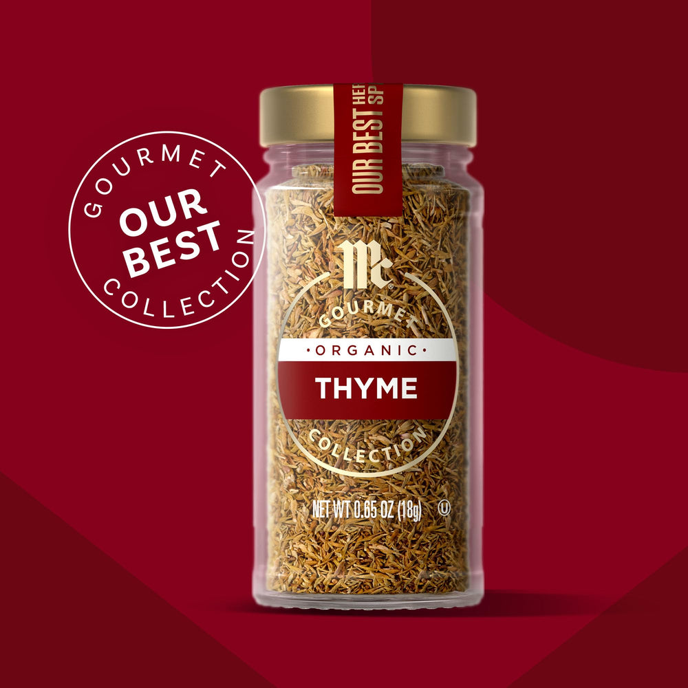 McCormick Gourmet Organic Thyme on a spice rack in a bright kitchen