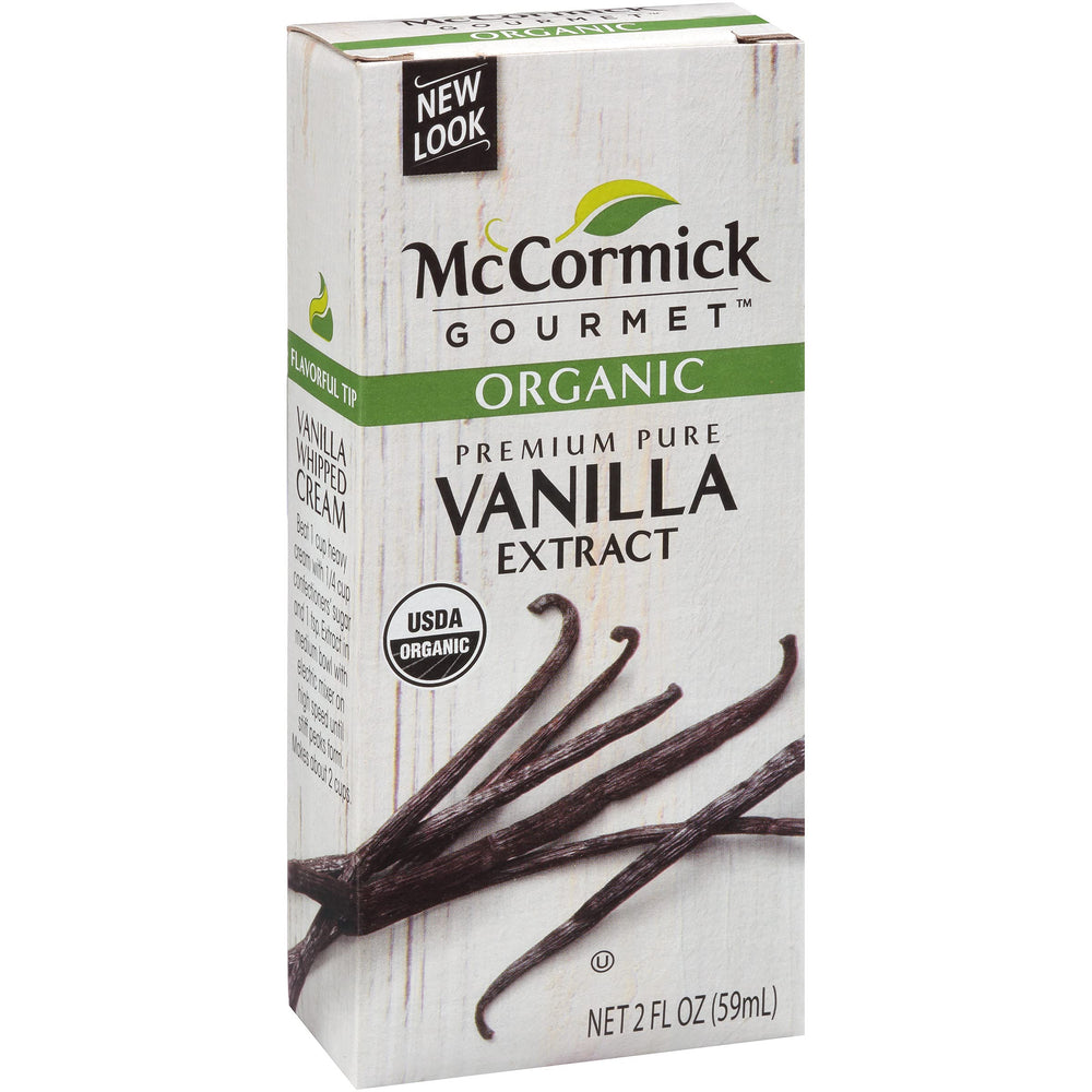 McCormick Gourmet Organic Vanilla Extract bottle pours smoothly, delivering rich aroma for desserts