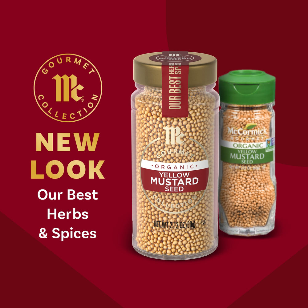 McCormick Gourmet Organic Yellow Mustard Seed in a glass jar – aromatic for curries and chutneys.