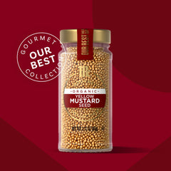 McCormick Gourmet Organic Yellow Mustard Seed in a spice rack – ready to spice rubs.