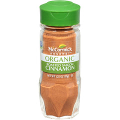 McCormick Gourmet Roasted Saigon Cinnamon bottle shows rich aroma for cooking.