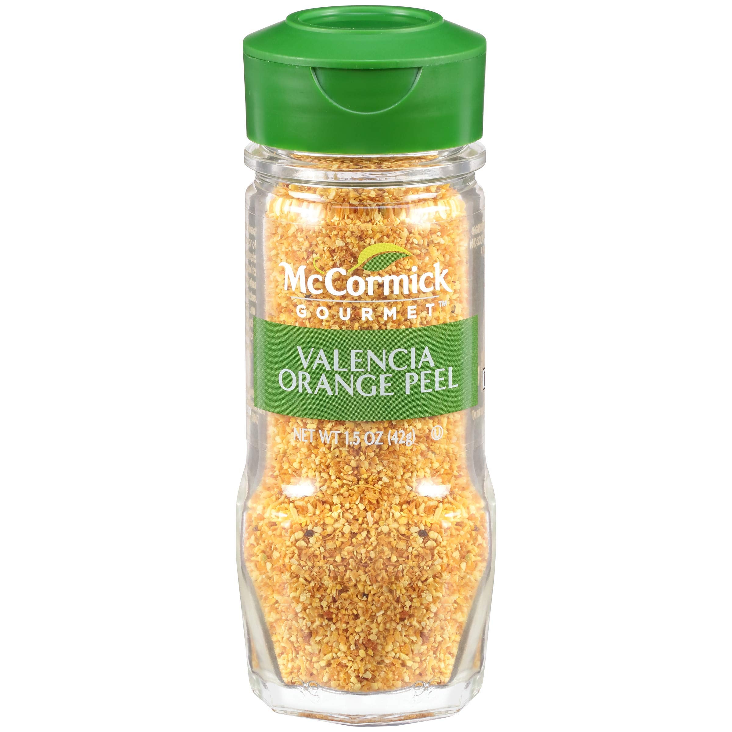 McCormick Gourmet Valencia Orange Peel bottle pour showing citrus zest ready to blend
