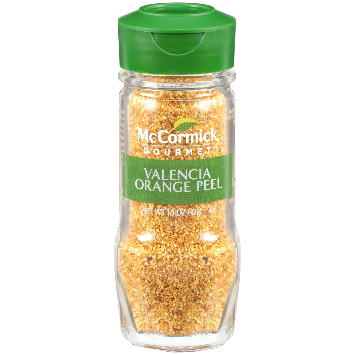 McCormick Gourmet Valencia Orange Peel bottle pour showing citrus zest ready to blend