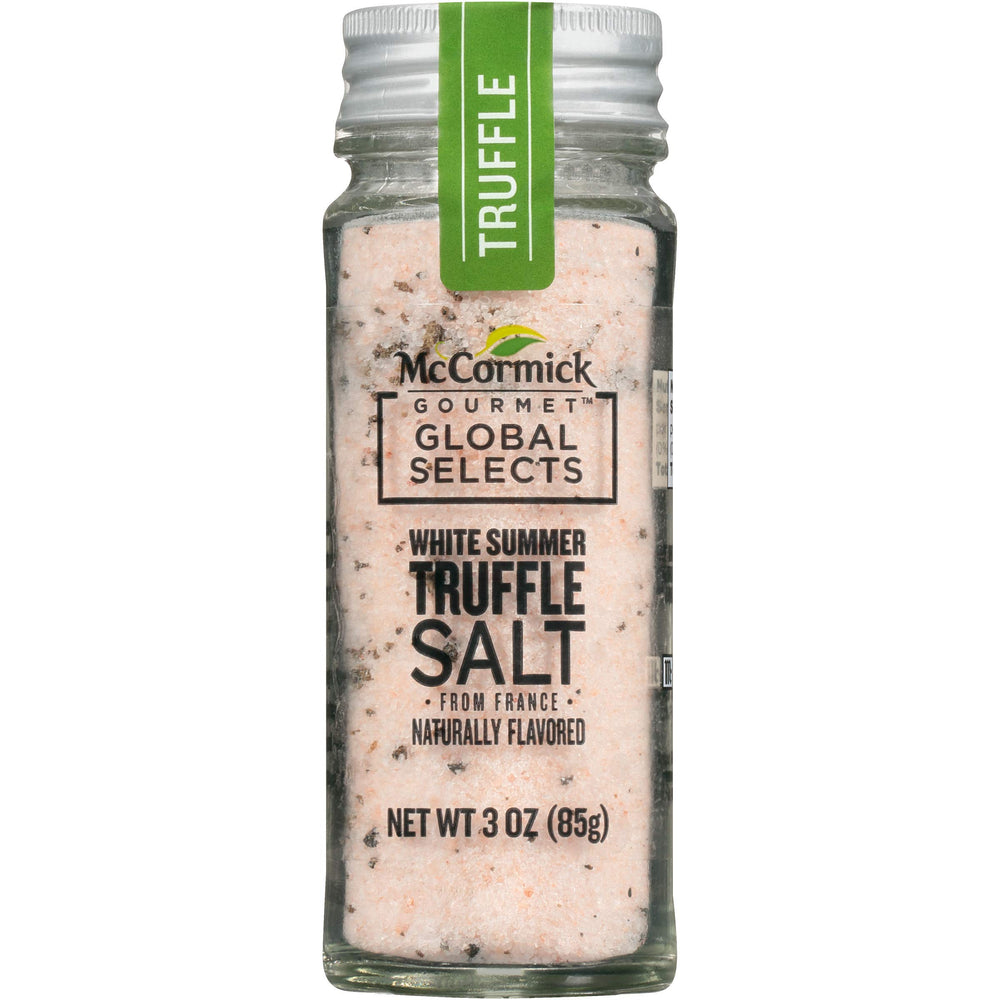 McCormick Gourmet White Summer Truffle Salt in France jar closeup for elegant finishing flavor