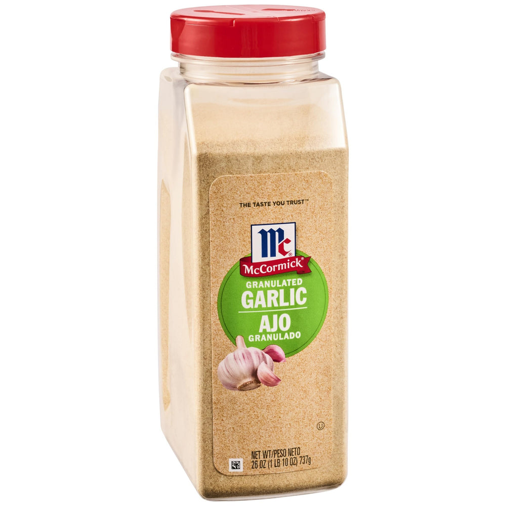 McCormick granulated garlic 26 oz bottle for everyday cooking with mild, balanced flavor.