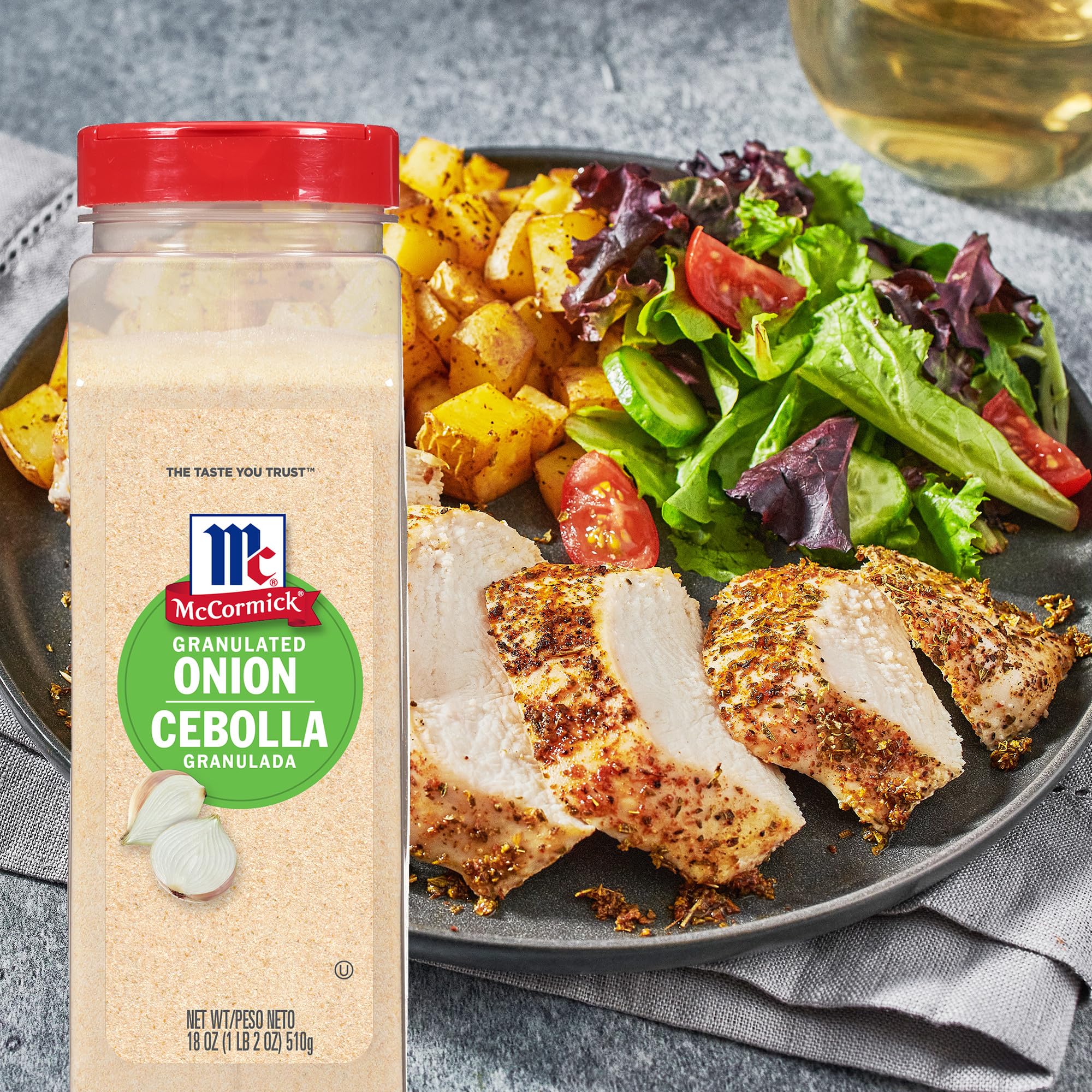 Salad topped with McCormick Granulated Onion for extra flavor