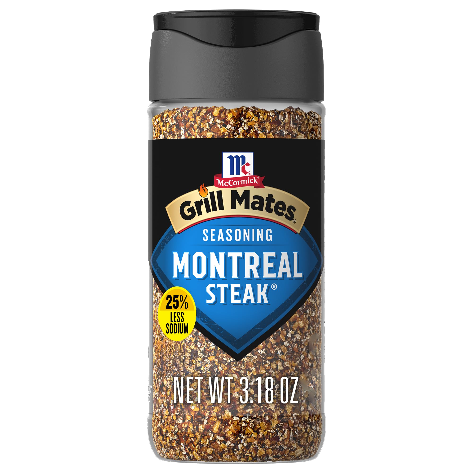 McCormick Grill Mates 25% less sodium Montreal steak seasoning bottle ready for seasoning.