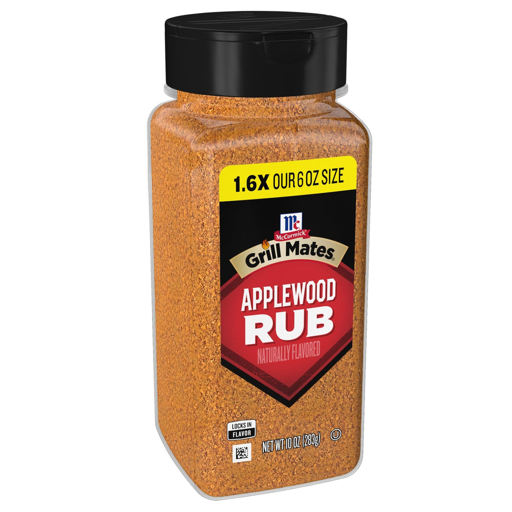 McCormick Grill Mates Applewood Rub bottle front highlighting smoky garlic flavor.
