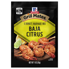 McCormick Grill Mates Baja Citrus Marinade pack label with bold citrus aroma for seafood