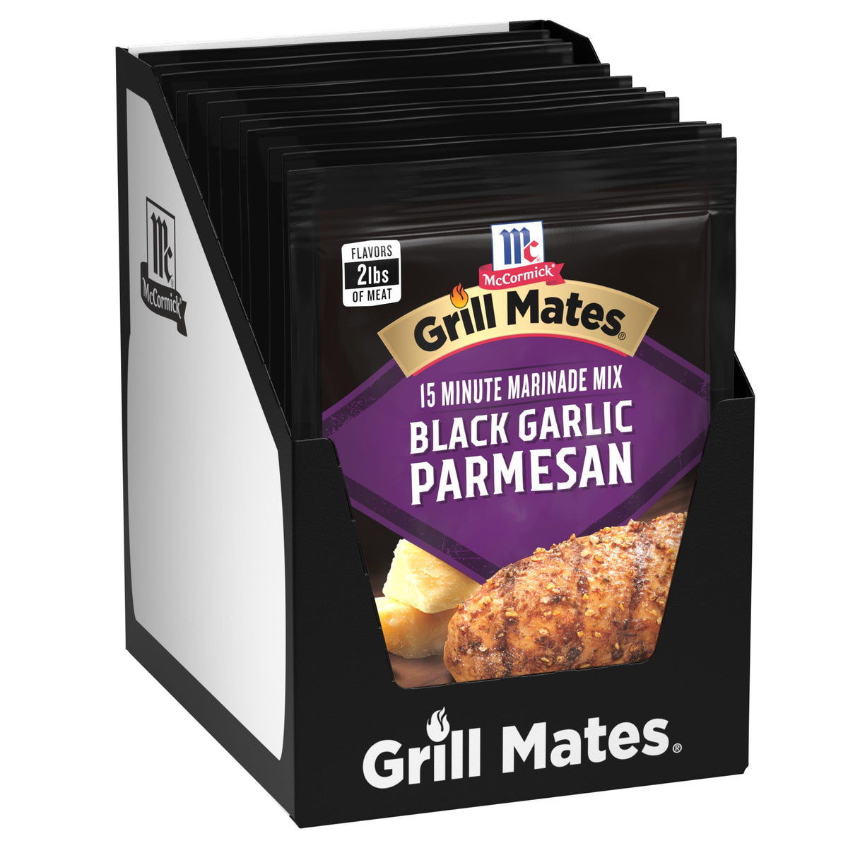McCormick Grill Mates Black Garlic Parmesan 3-In-1 Seasoning Mix bottle pour for instant flavor