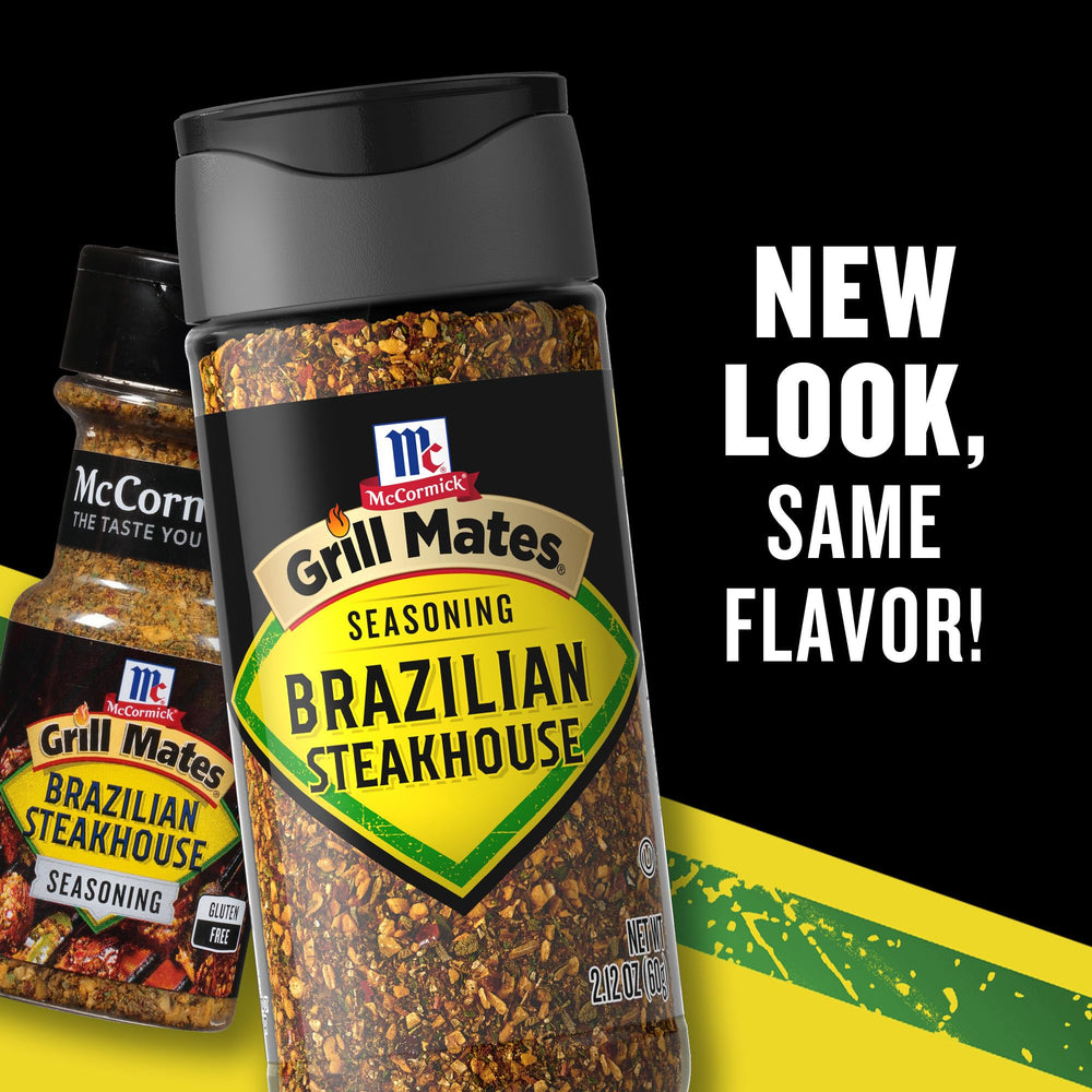 Pouring McCormick Grill Mates Brazilian Steakhouse seasoning onto meat before grilling