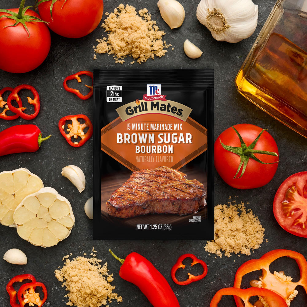 McCormick Grill Mates Brown Sugar Bourbon with pork chops ready for the grill
