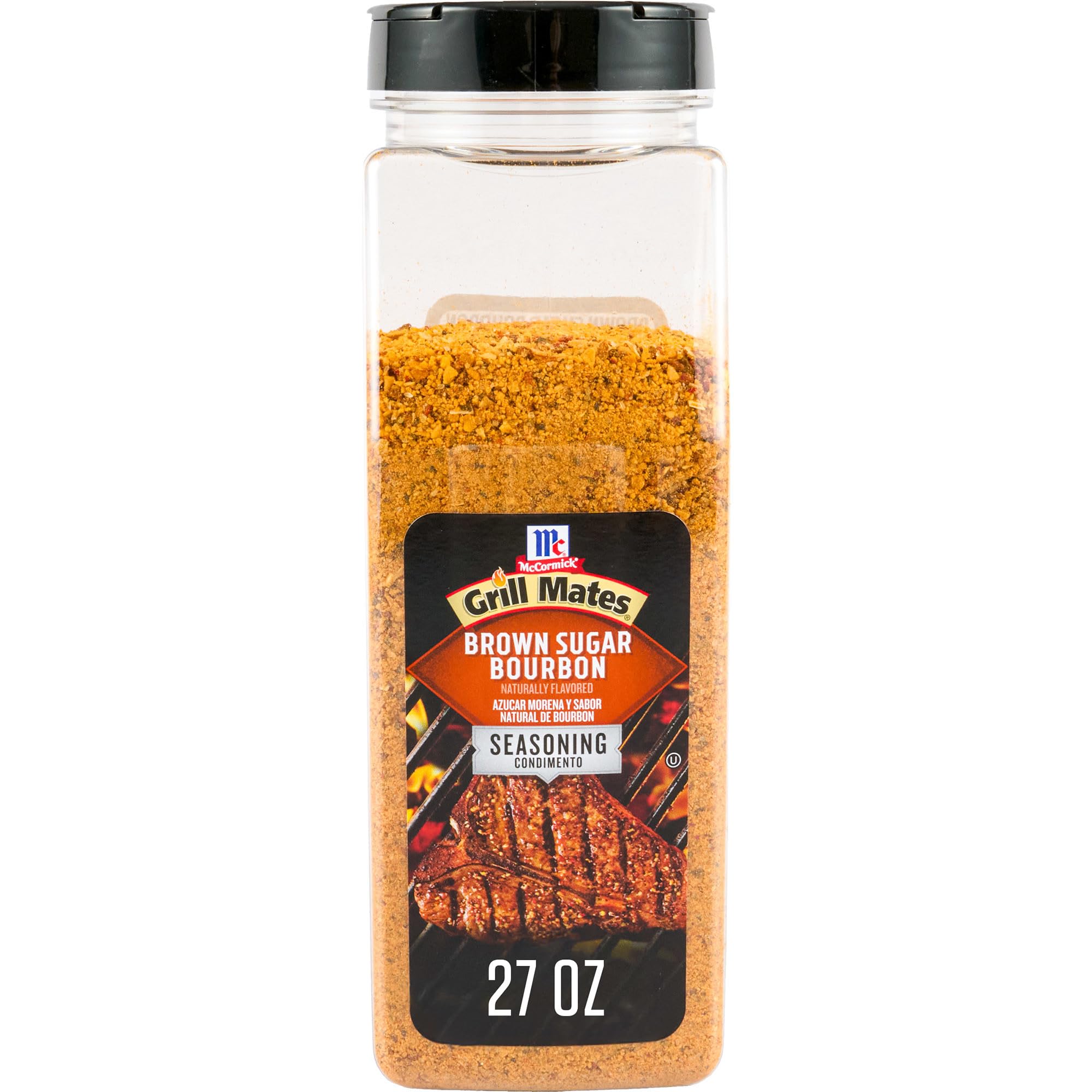 McCormick Grill Mates Brown Sugar Bourbon seasoning bottle top enhances steaks with bold flavor.