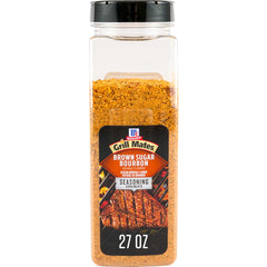 McCormick Grill Mates Brown Sugar Bourbon seasoning bottle top enhances steaks with bold flavor.