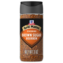 McCormick Grill Mates Brown Sugar Bourbon seasoning bottle ready for juicy pork and seafood
