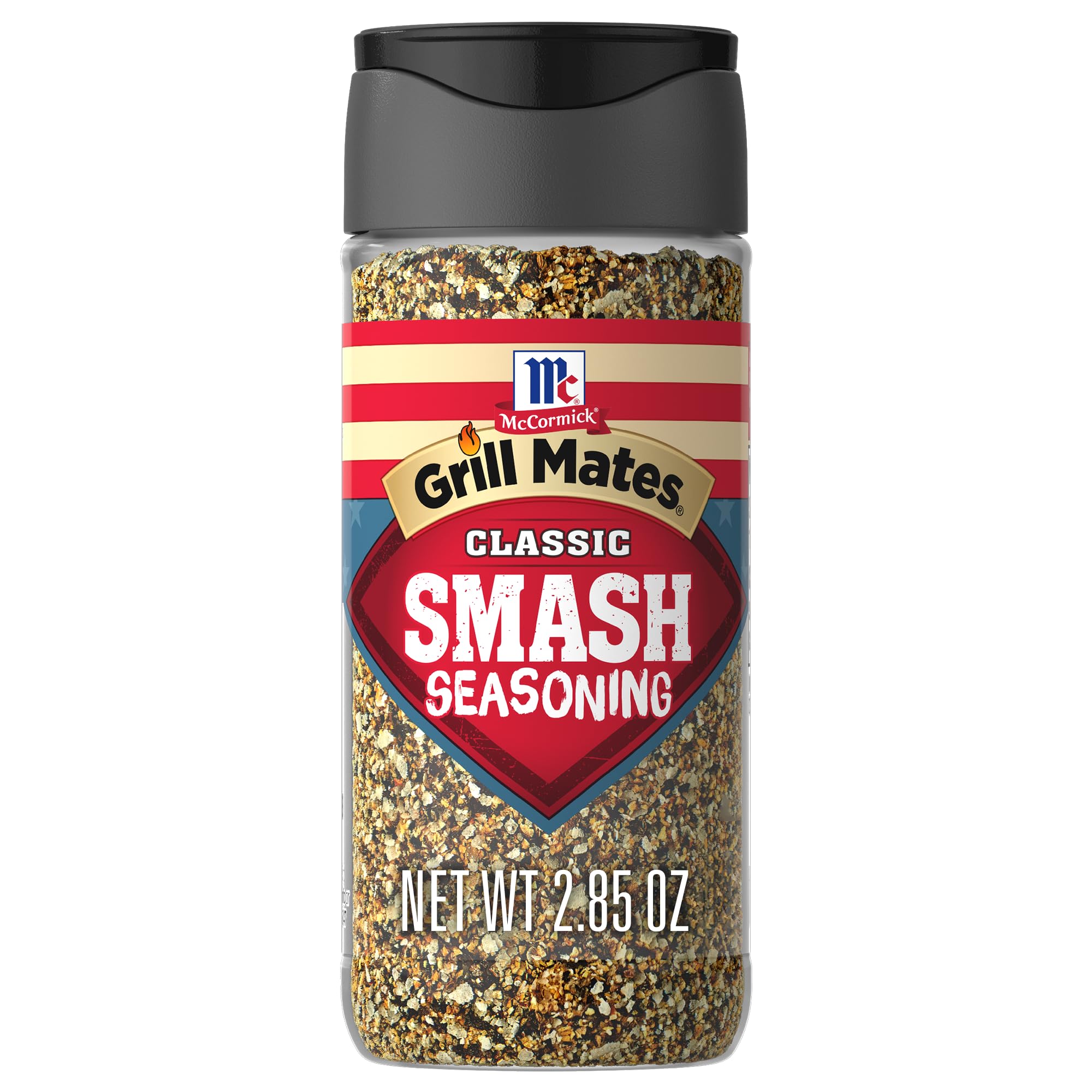 McCormick Grill Mates Classic Smash Seasoning jar closeup for a bold crust on burgers.