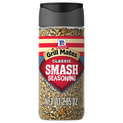 McCormick Grill Mates Classic Smash Seasoning jar closeup for a bold crust on burgers.