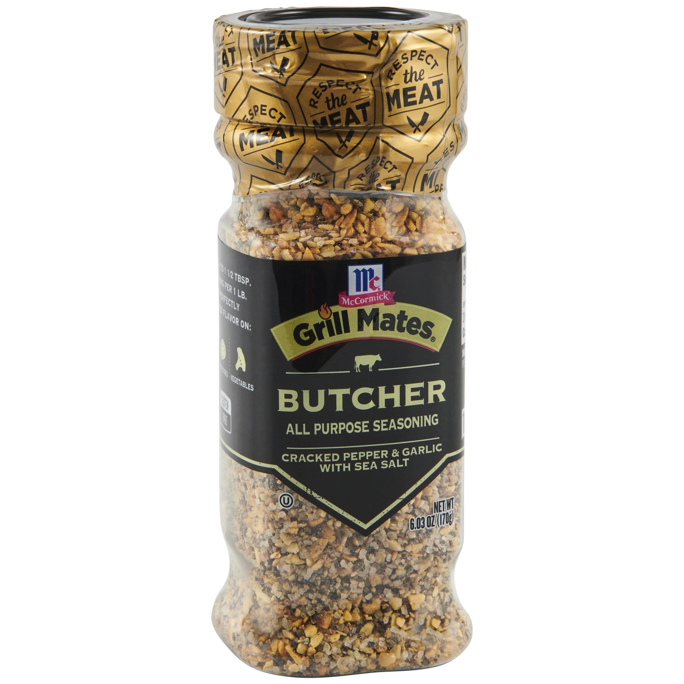 McCormick Grill Mates Cracked Pepper & Garlic seasoning bottle with coarse texture enhances grilled meat