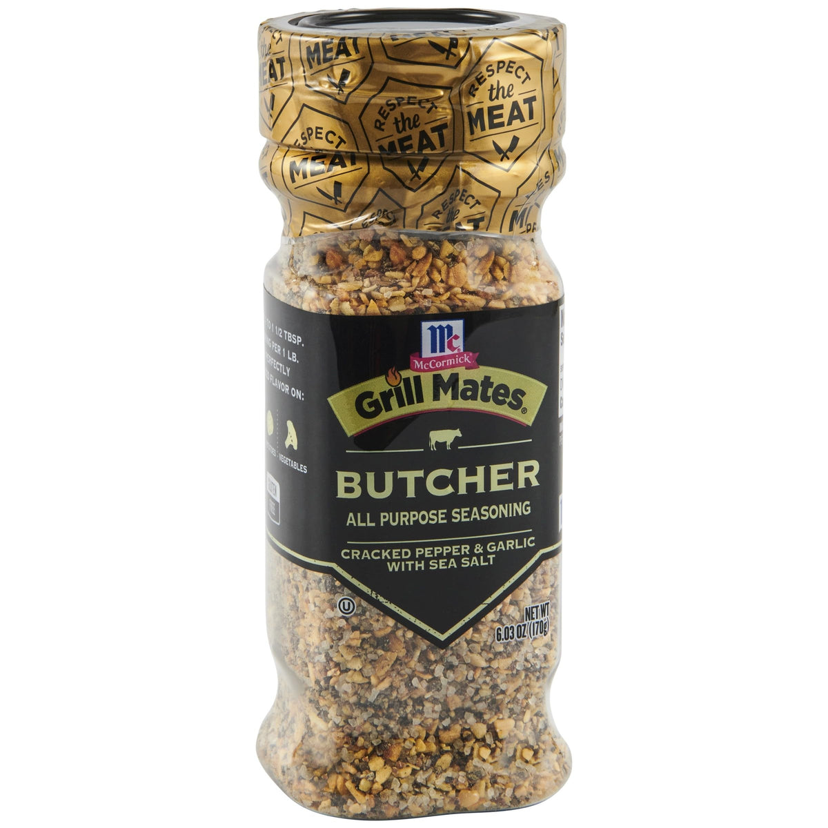 McCormick Grill Mates Cracked Pepper & Garlic seasoning bottle with coarse texture enhances grilled meat