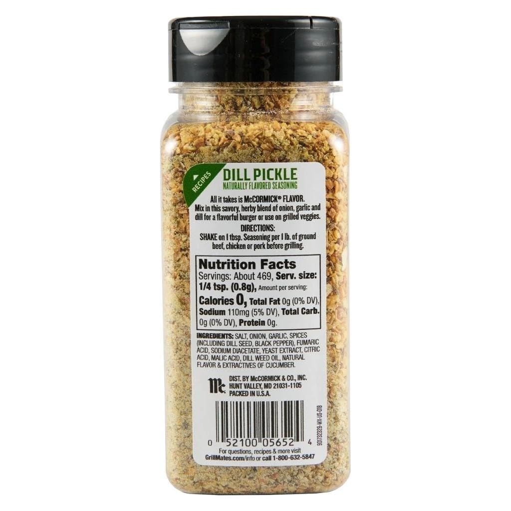 McCormick Grill Mates Dill Pickle seasoning close-up reveals dill seeds and pepper for richer flavor