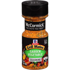 McCormick Grill Mates Garden Vegetable Seasoning bottle pouring for burgers and veggies.
