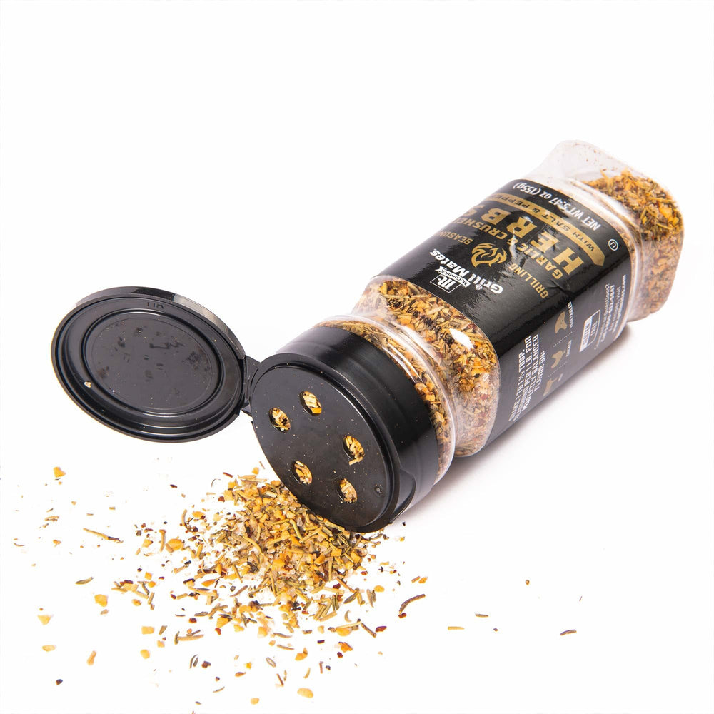 Close-up of McCormick Grill Mates Garlic & Crushed Herbs bottle showing coarse texture