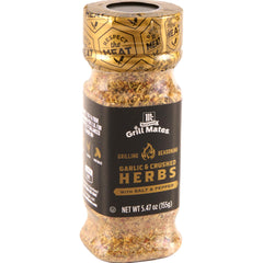 McCormick Grill Mates Garlic & Crushed Herbs seasoning jar enhances grilled meat flavor