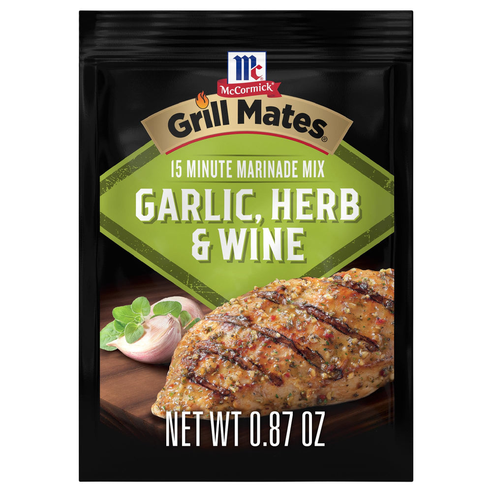 McCormick Grill Mates garlic herb wine marinade packet on counter ready to flavor meats