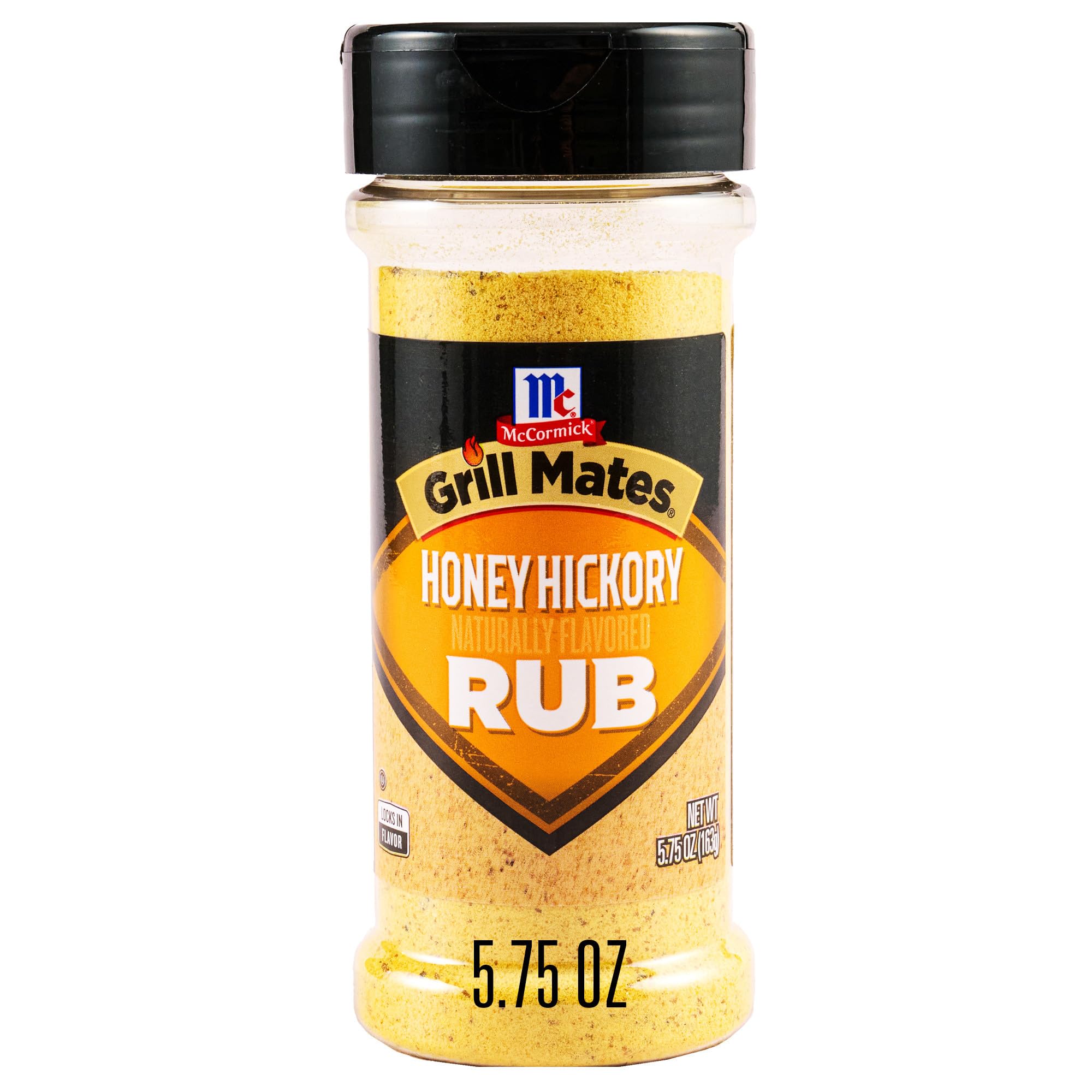 McCormick Grill Mates Honey Hickory Rub bottle closeup showing smoky-sweet blend for grilling meats.