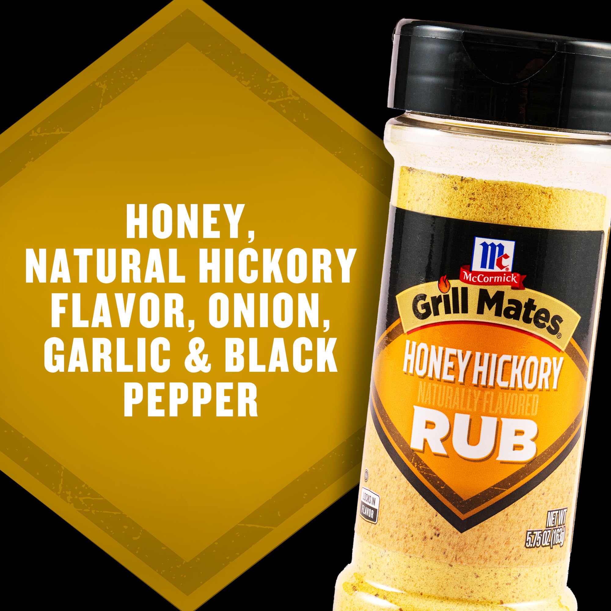 McCormick Grill Mates Honey Hickory Rub dual flip-cap bottle ready for shake or sprinkle.