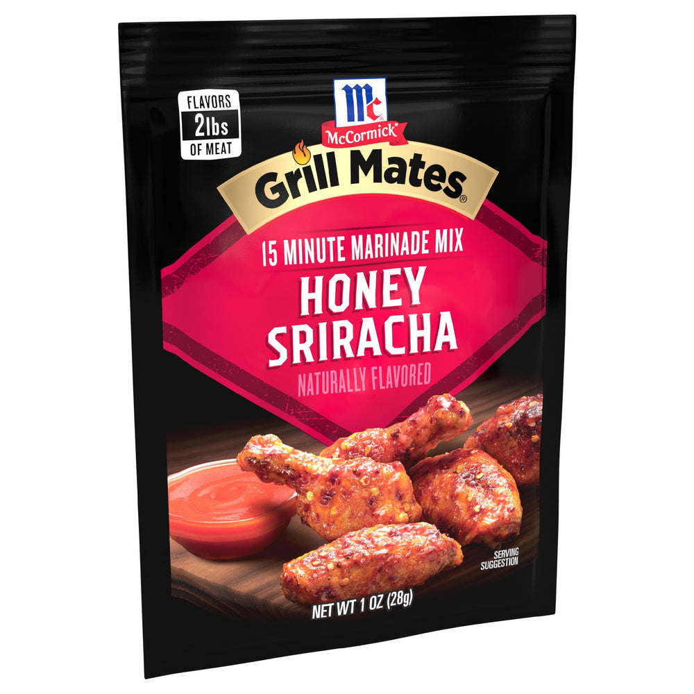 Pour-ready bottle of McCormick Grill Mates Honey Sriracha Marinade Mix for quick glazing.