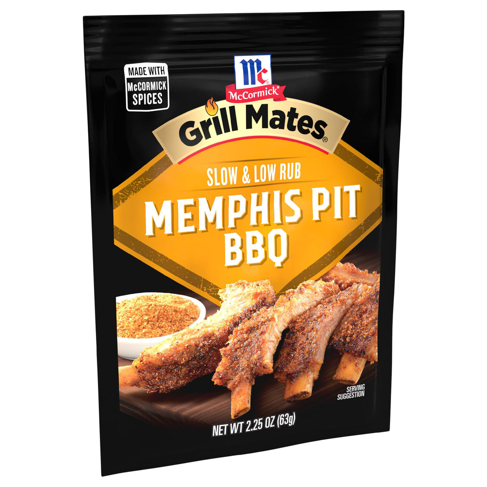 McCormick Grill Mates Memphis Pit Rub bottle label highlights natural herbs and spices.
