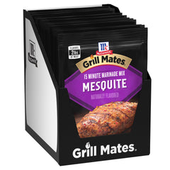 McCormick Grill Mates Mesquite Marinade pack boosts smoky flavor for grilling.