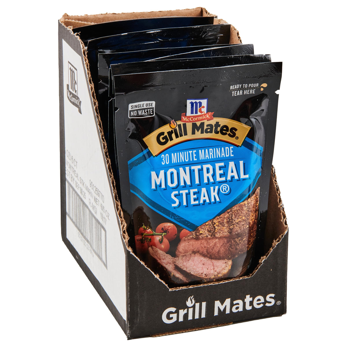 McCormick Grill Mates Montreal Steak Marinade pouch ready to tear and pour for flavor