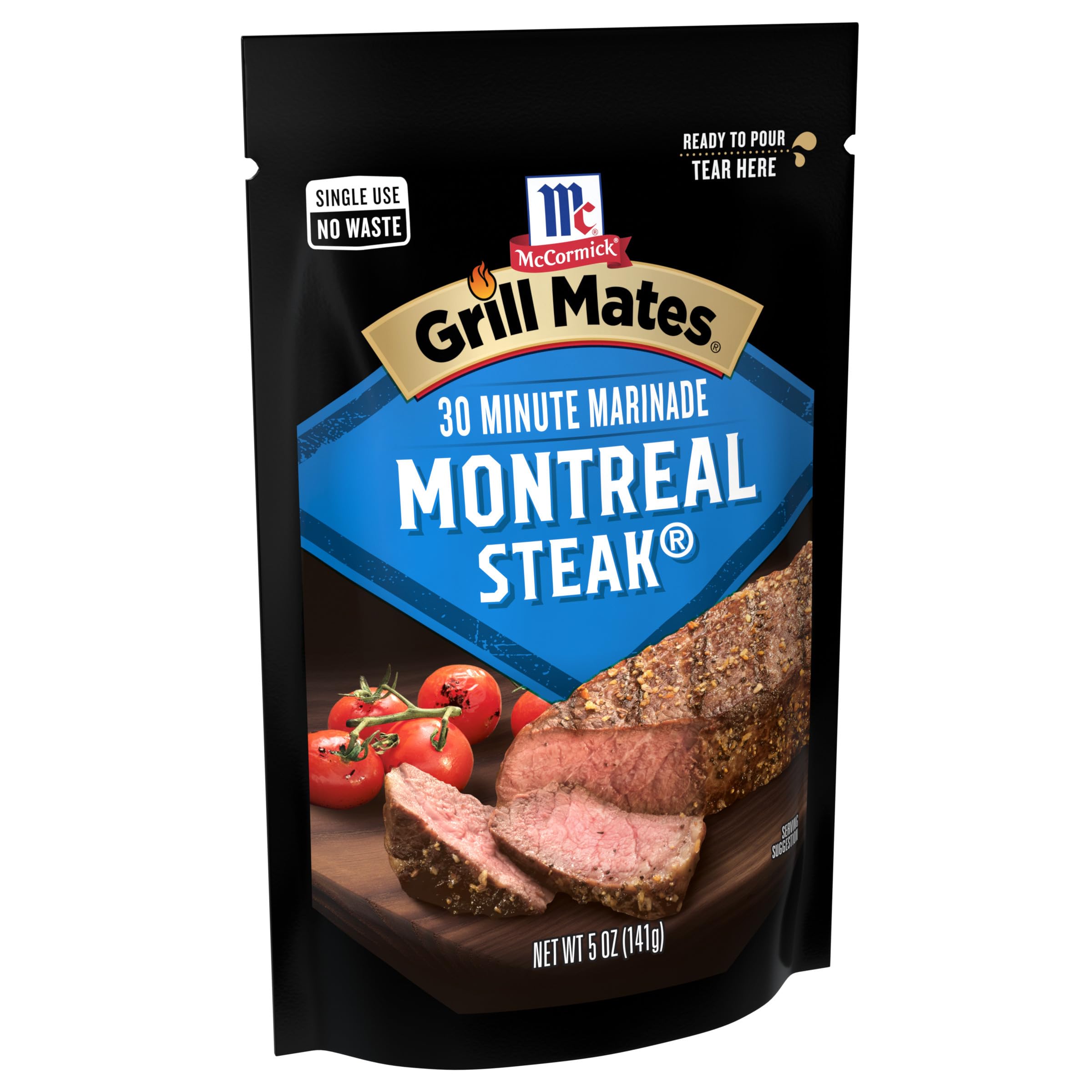 McCormick Grill Mates Montreal Steak Marinade being poured over beef for 30-minute flavor