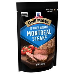 McCormick Grill Mates Montreal Steak Marinade being poured over beef for 30-minute flavor