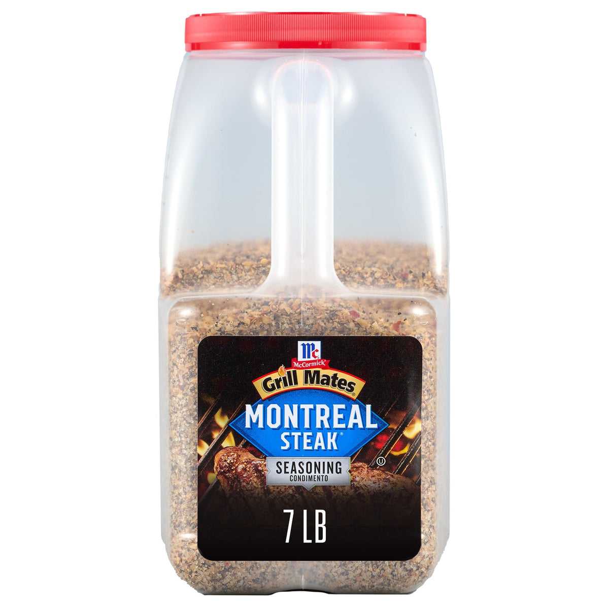 McCormick Grill Mates Montreal Steak Seasoning jar on shelf for bold beef flavor